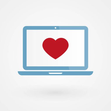 Laptop ve kalp. Romantik aşk kavramı. Vektör illüstrasyonu, düz tasarım