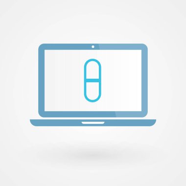 Laptop ve hap. Eczane kavramı. Vektör illüstrasyonu, düz tasarım