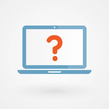 Laptop ve sorgulama. Şüphe kavramı, çözüm. Vektör illüstrasyonu, düz tasarım