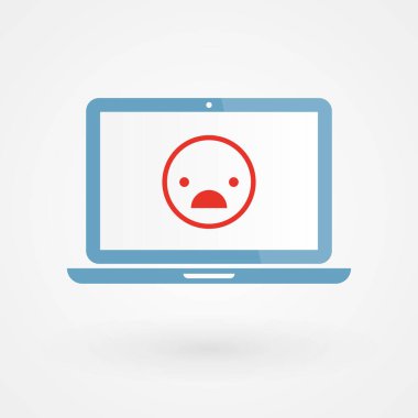 Laptop ve mutsuz gülücük. Memnuniyetsizlik kavramı. Vektör illüstrasyonu, düz tasarım
