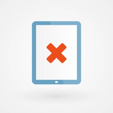 Tablet ve yanlış simge. Yanlış kavramı. Vektör illüstrasyonu, düz tasarım