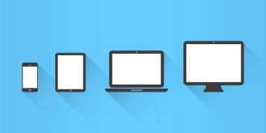 Device Icons: smart phone, tablet, laptop and desktop computer. Vector illustration, flat design