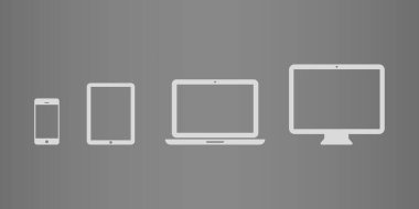 Device icon set: smartphone, tablet, laptop and desktop computer. Grey tones. Vector illustration, flat design