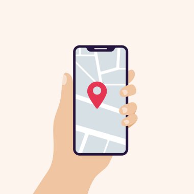 Hand holding smart phone in vertical position banner. Screen with map navigation and geo tag. Concept of geolocation. Vector illustration, flat design