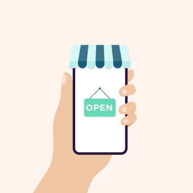Hand holding smart phone in vertical position banner. Screen with open sign and awning. Vector illustration, flat design