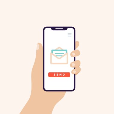 Hand holding smart phone in vertical position banner. Screen with open email icon and send button. Vector illustration, flat design
