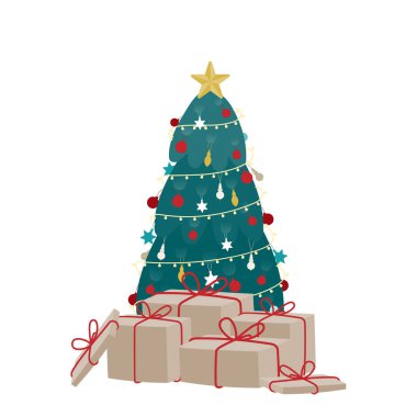 Kahverengi kağıt hediyeli Noel ağacı. Mutlu Noeller. Vektör illüstrasyonu, düz tasarım