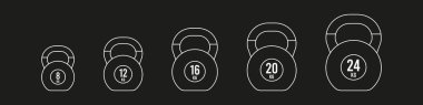 White outline icon set kettlebells. Different weights and sizes: 8, 12, 16, 20 and 24 kg. Vector illustration, flat design
