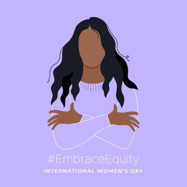 Uluslararası Kadınlar Günü. 8 Mart. Ön manzara portresi olan kadın. Kadın kendine sarılıyor. #EmbraceEquity. Vektör illüstrasyonu, düz tasarım