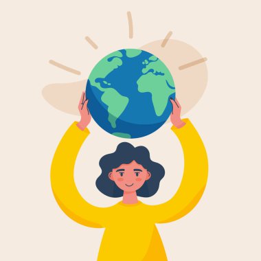 Kadın, dünyayı kollarıyla kaldırıyor. Sürdürülebilirlik kavramı, kız gücü, Dünya Günü. Vektör illüstrasyonu, düz tasarım