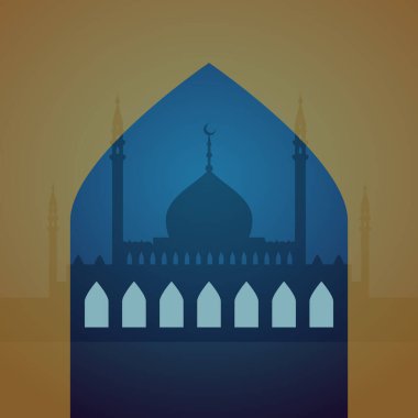 Ramazan Kareem. Cami kubbesi ve minareleri olan gece silueti. Vektör illüstrasyonu, düz tasarım