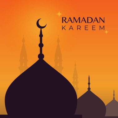 Ramazan Kareem. Cami kubbesi, ay ve yıldızlarla gün batımında gökyüzü. Vektör illüstrasyonu, düz tasarım