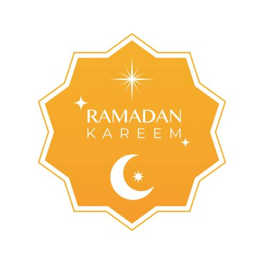 Ramazan Kareem. Metin, ay ve yıldızlı yıldız amblemi. Vektör illüstrasyonu, düz tasarım