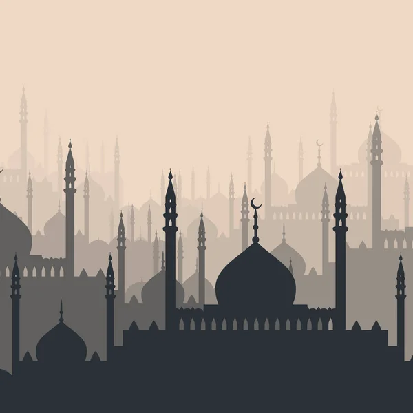 オリエンタルシティスカイライン モスクのドームとミナレット ベクトルイラスト 平面デザイン — ストックベクタ