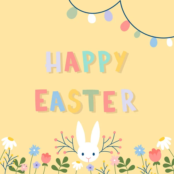 Felices Letras Pascua Banner Con Guirnalda Huevos Conejito Flores Ilustración — Vector de stock