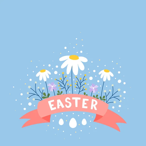 Frohe Ostern Grußkarte Mit Banner Gänseblümchen Zweigen Und Eiern Vektor — Stockvektor