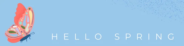 Γεια Σου Άνοιξη Πολύχρωμο Φόντο Πεταλούδα Οριζόντια Σημαία Εικονογράφηση Διάνυσμα — Διανυσματικό Αρχείο