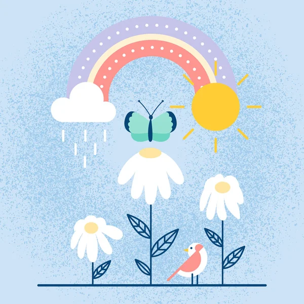 Spring landscape. Landscape with bird, daisy flowers, rainbow, butterfly, rain and sun. Changing weather. Vector illustration, flat design