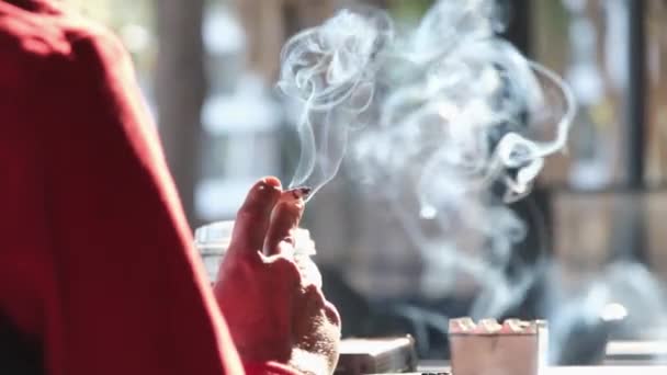Back View Man Smoking Tobacco Cigarette Cafe Unhealthy Lifestyle — Vídeos de Stock