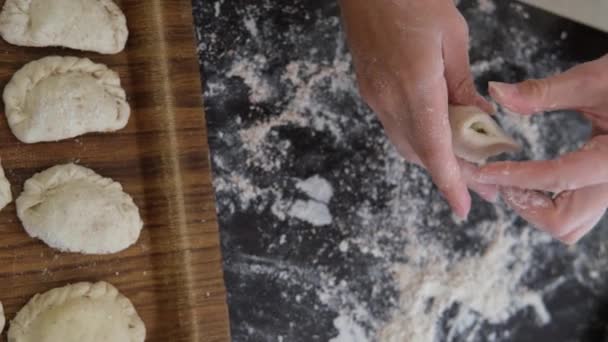 Making Vegetarian Dumplings Vegetables Hands Make Dumpling Woman Prepares Handmade — Vídeo de stock