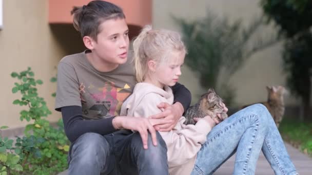 Teenager Boy Girl Sitting House Walk Talking Petting Kitten Footage — Stockvideo