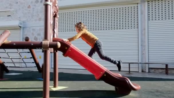 Cute Boy Playing Playground Entertainment Recreation Children Outdoor Child Having — Vídeos de Stock
