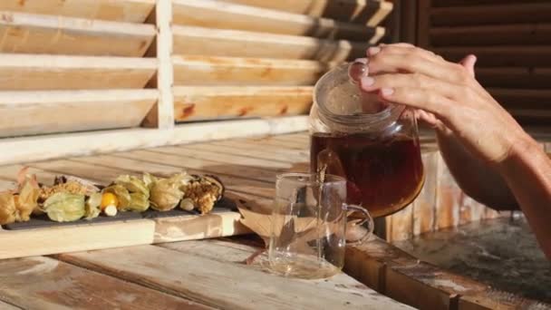 Man Drinking Herbal Tea Hot Wooden Tub Guy Relaxing Jacuzzi — Stok video