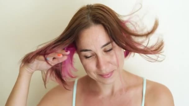 Millennial Trendy Pretty Young Woman Dyed Gemini Hair Showing Her — Stok video