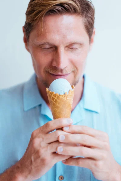 Close Portrait Middle Aged Man Blue Shirt Eating Cone Lavender — Stock Photo, Image