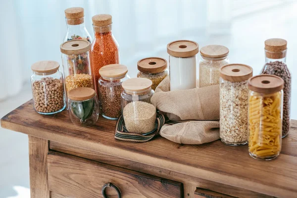 Zero Waste Concept Textile Eco Bags Glass Jars Grocery Wooden — Stock Photo, Image