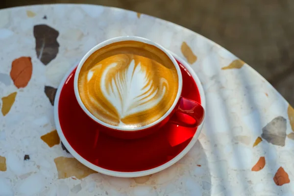 Cup Coffee Marble Table Mug Latte Art Natural Light Shadow — Stock Photo, Image