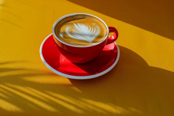 Cup Coffee Yellow Table Mug Latte Art Natural Light Shadow — Stock Photo, Image