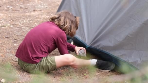 可爱的男孩搭起了旅游帐篷 暑期旅行 露营和徒步旅行的概念 生态旅游 — 图库视频影像