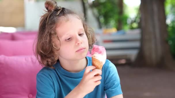 Портрет Мальчика Поедающего Мороженое Ребенок Облизывает Мороженое — стоковое видео