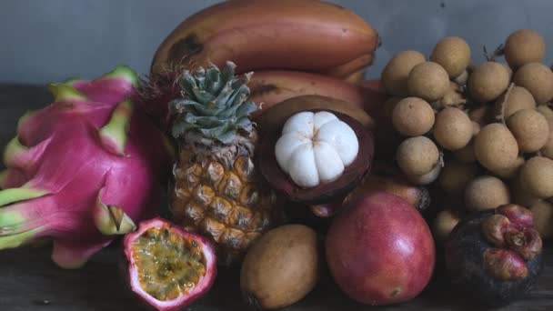 Still Life Asian Fruits Set Colorful Fruits Dark Photo Natural — Vídeo de stock
