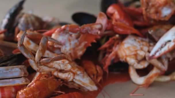 Asya Restoranında Domates Soslu Çeşitli Deniz Ürünleri Servis Ediliyor — Stok video