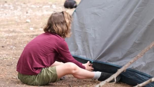 かわいい男の子の観光テントを設定します 夏の旅行 キャンプ ハイキングのコンセプト エコツーリズム — ストック動画