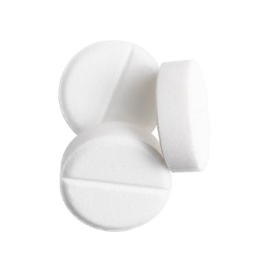 Beyaz yuvarlak haplar, tedavi için bir grup uyuşturucu ve tablet, beyaz arka plan, tıp ve sağlık konsepti, üst görünüm.