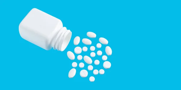 Varias Píldoras Terapéuticas Blancas Medicamentos Para Tratamiento Fondo Azul Medicina — Foto de Stock