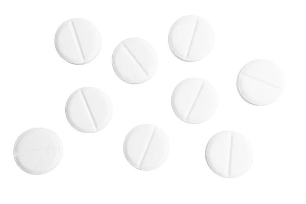 Коллекция Белых Круглых Таблеток Группа Лекарств Таблеток Лечения Изолированные Белом — стоковое фото