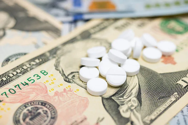 Pastillas Terapéuticas Redondas Blancas Para Tratamiento Analgésicos Medicamentos Con Dinero — Foto de Stock