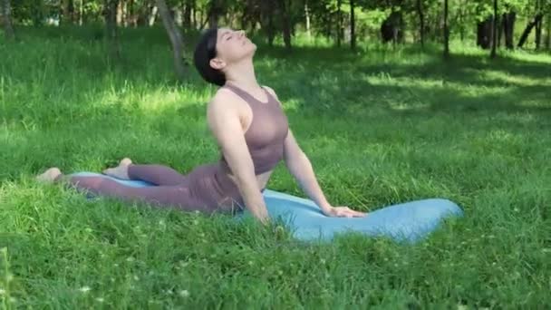 Молодая Привлекательная Спортивная Женщина Практикует Йогу Свежем Воздухе Делая Вид — стоковое видео