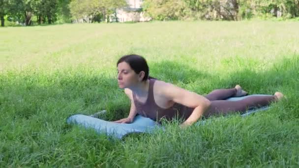 Молодая Привлекательная Спортивная Женщина Практикует Йогу Свежем Воздухе Делая Вид — стоковое видео