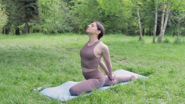年轻迷人的女运动员在室外练习瑜伽 在夏日公园晨练 健康的生活方式理念 — 图库视频影像
