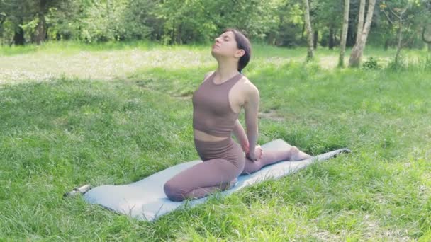 Genç Çekici Sportif Bir Kadın Dışarıda Yoga Yapıyor Yaz Parkında — Stok video