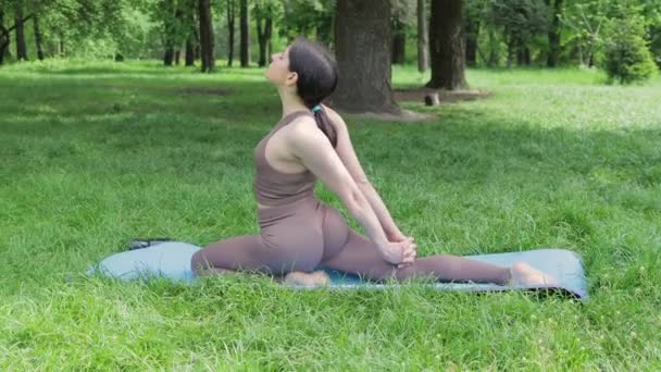 Mujer Deportiva Atractiva Joven Practicando Yoga Asana Aire Libre Entrenamiento — Vídeo de stock