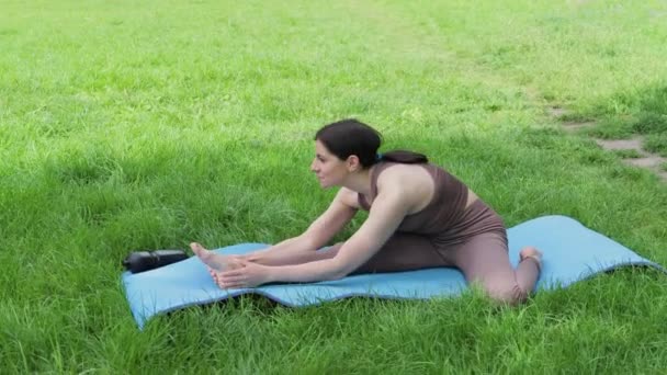 Young Attractive Sporty Woman Practicing Stretching Yoga Outdoors Workout Morning — Stock Video