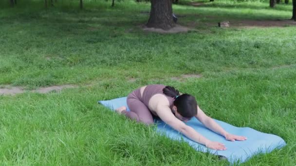 Mujer Deportiva Atractiva Joven Practicando Yoga Asana Aire Libre Entrenamiento — Vídeos de Stock