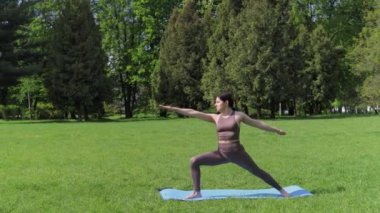 Genç, çekici, sportif bir kadın dışarıda yoga yapıyor, yaz parkında egzersiz yapıyor, sağlıklı yaşam tarzı kavramı var.