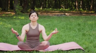 Çekici sporcu kadın yoga minderinde lotus pozisyonunda oturuyor ve yaz parkında meditasyon yapıyor, sağlıklı yaşam tarzı konsepti.